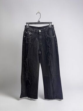 Romwe Baggy Wide Leg Black Jeans Frayed Front & Back Womens sz 6 New